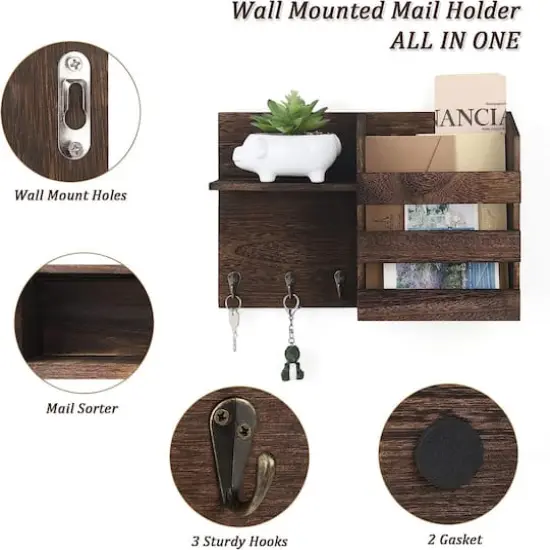 NEX&trade; Rustic Brown Vintage Wood Mail Shelf with 3 Key Hooks {5}