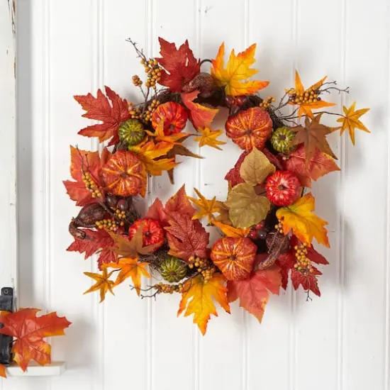 24" Pumpkin & Berries Artificial Fall Wreath {4}