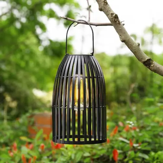 Glitzhome&reg; 10" Woven Solar Powered Outdoor Hanging Lantern Black {3}