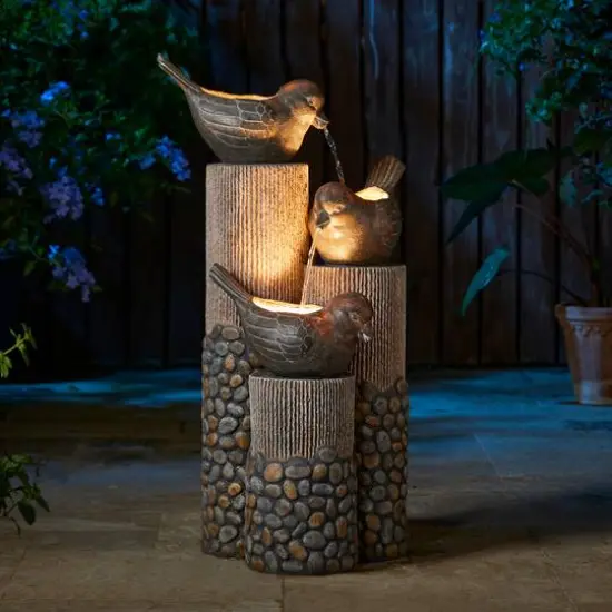 Glitzhome&reg; 30.75" 3-Tier Natural Faux Pebbles Textured Bird Basin Outdoor Fountain with LED Light {5}