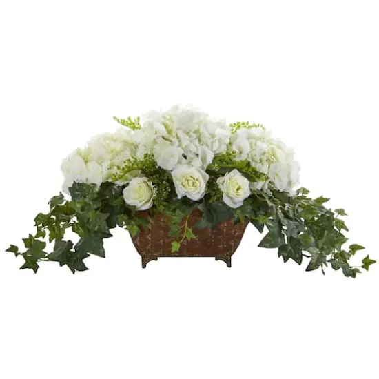 Hydrangea & Roses Artificial Arrangement in Metal Planter {1}