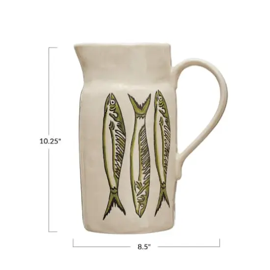 Hello Honey® 10.2" Cream & Green Painted Fish Coastal Stoneware Pitcher {1}