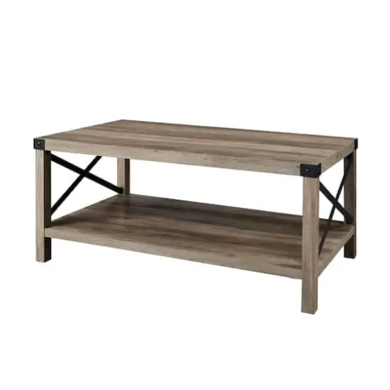 Walker Edison Gray & Black Metal & Rustic Wood Coffee Table {6}