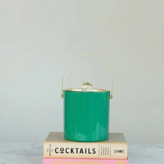 Hello Honey 1.5-Quart Enameled Stainless Steel Ice Bucket with Lid and Glass Knob, Gold Finish and Turquoise Color {4}