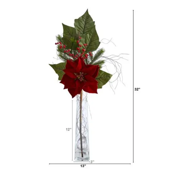 32" Poinsettia, Berries & Pine Arrangement in Glass Vase {3}