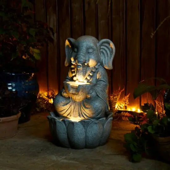 Glitzhome® 21.75" Zen-Style LED 2-Tier Elephant Outdoor Fountain {7}