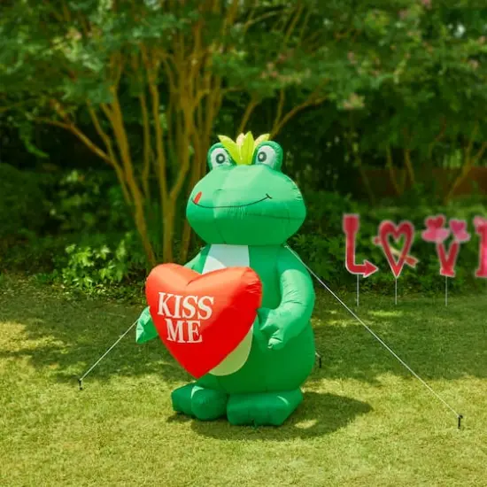 Glitzhome&reg; 6ft Lighted Valentine's Inflatable Frog with Heart Decor {3}