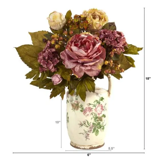 18'' Pink & Yellow Peony Arrangement in Floral Pitcher {3}