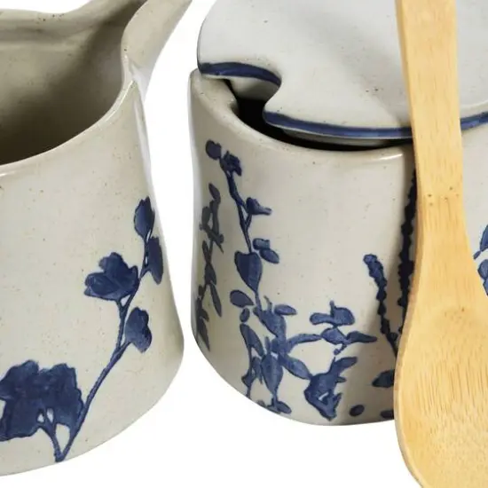 Hello Honey® Antique White & Blue Hand Stamped Stoneware Sugar Pot & Creamer Set {5}