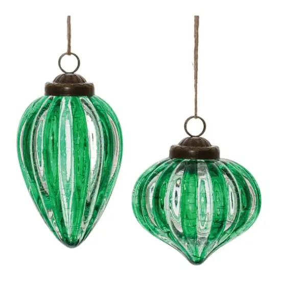Green Ribbed Crackle Glass Ornament Set {1}