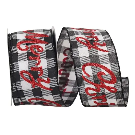 JAM Paper 2.5" x 20yd. Black & White Merry Christmas Glitter Check Wired Ribbon {1}