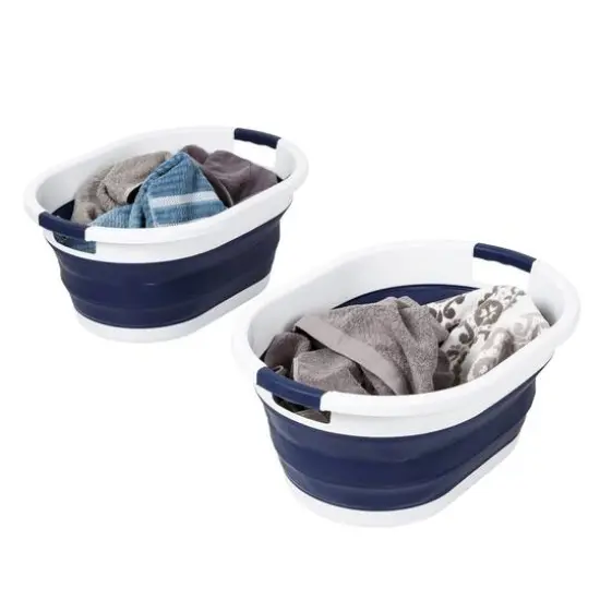 Honey Can Do 24" Collapsible Rubber Laundry Basket Set Blue and White {1}