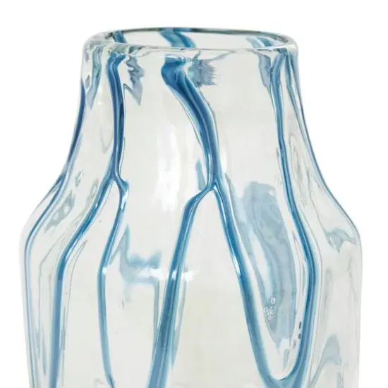 13" Cream with Wavy Blue Design Abstract Glass Vase {7}