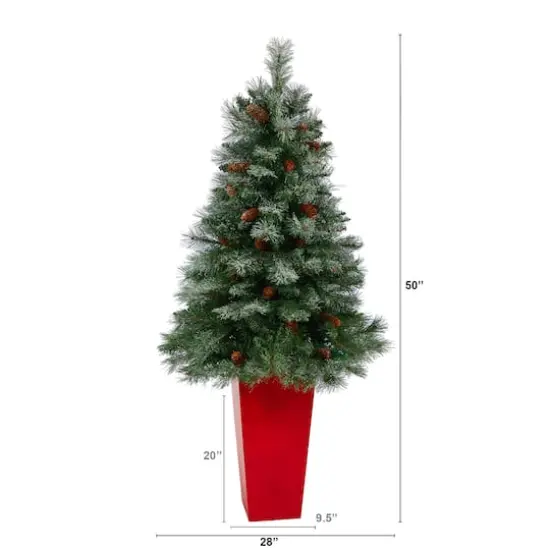 55" Unlit Snowed French Alps Mountain Pine Artificial Christmas Tree In Red Tower Planter {3}
