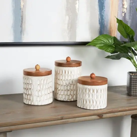 Cream Paper Mache Handmade Carved Spotted Geometric Canisters with Removable Lids Set {9}
