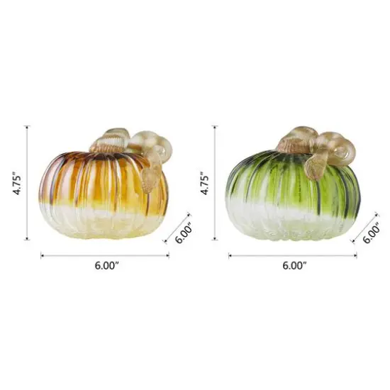 Glitzhome&reg; Green & Amber Crackle Glass Short Pumpkin Set {16}