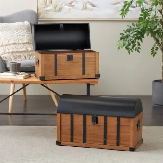 Brown Studded Storage Trunk with Black Metal Arched Tops & Vertical Strips Set {3}