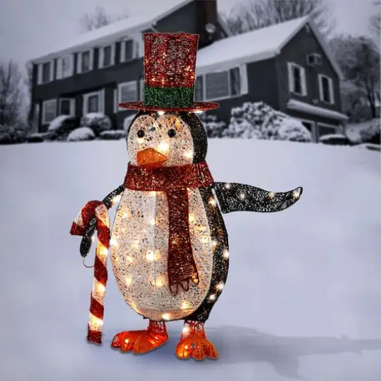 36" Penguin Holding Candy Cane, White LED Lights {3}