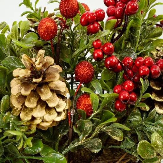12" Red & Green Pine Cones & Berries Tabletop Decoration {3}