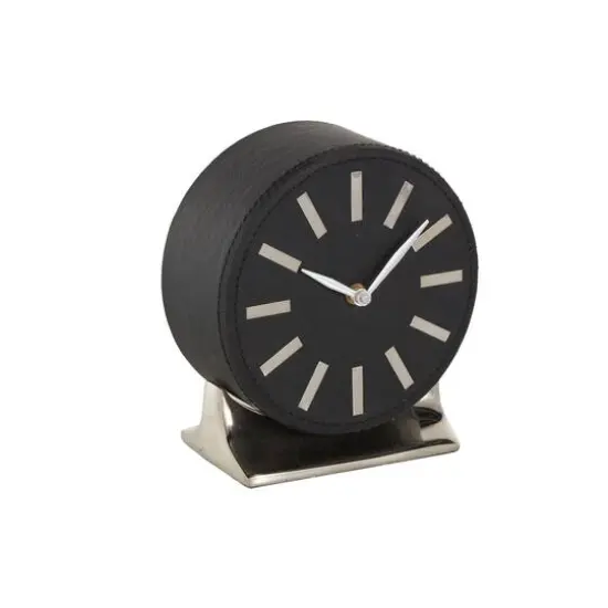 Faux Leather Round Decorative Clock with Rectangular Base Black/Silver {4}