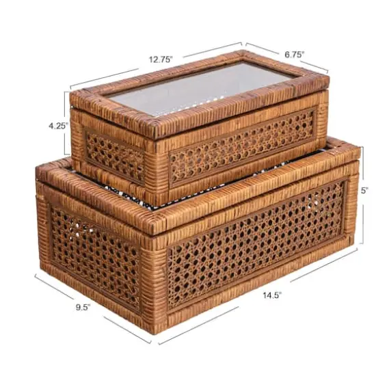 Hello Honey&reg; Dark Brown Modern Decorative Rectangle Woven Rattan & Wood Display Box Set with Glass Top {5}
