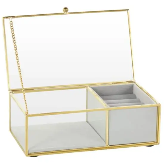 7" x 4" x 3" Clear & Gold Glass & Metal Jewelry Box with Chain Accent & Fabric Ring Slots {1}