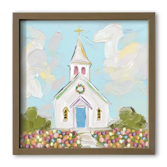 16" Colorful Painted Church Wall Art in Brown Frame {1}