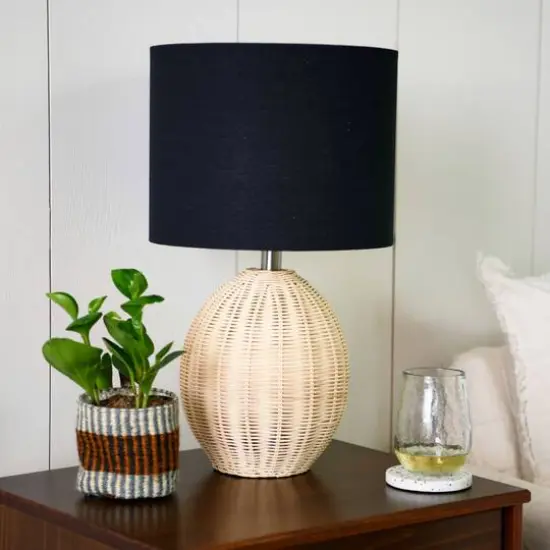 Hello Honey&reg; 20" Natural Boho Woven Rattan Table Lamp with Black Linen Shade {4}