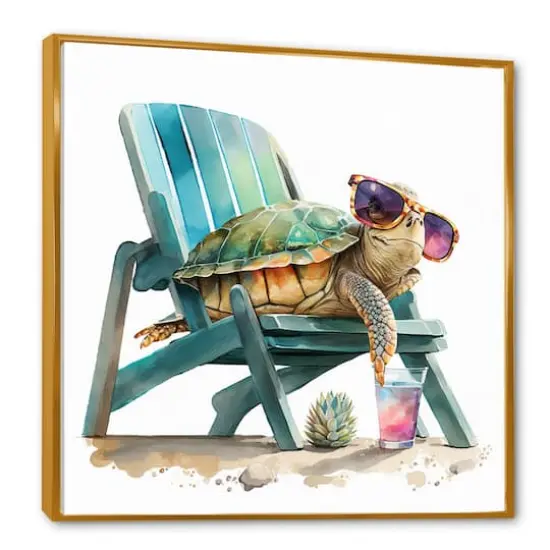 Designart 'Turtle Laying On A Beach Chair With Sunglasses I' Animals Framed Canvas Wall Art Thin Gold {3}