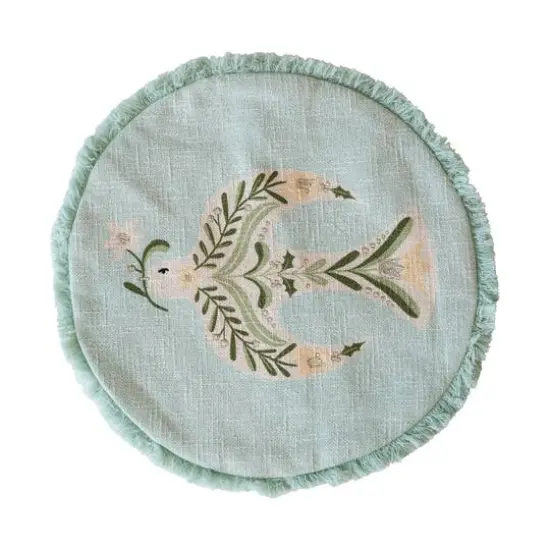 Hello Honey® 16" Light Green Embroidered Dove & Fringe Round Cotton Pillow Cover & Insert {1}