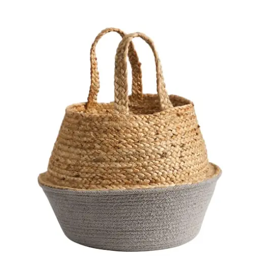 12" Boho Chic Handmade Cotton & Jute Gray Woven Basket Planter {4}