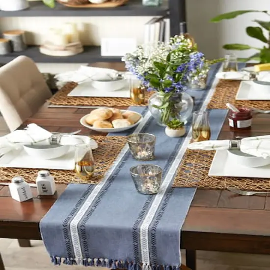 DII® 108" Dobby Striped Fringe Ribbed Table Runner Dobby French Blue {8}