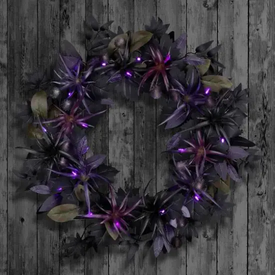 24" Scare in the Air Purple & Black Flower Halloween Pre-Lit LED Wreath {3}