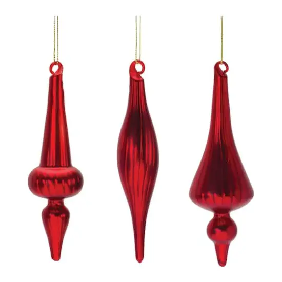 6" Red Ribbed Glass Finial Ornament Set {1}
