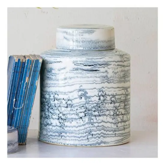 Hello Honey&reg; Blue & White Striped Stoneware Ginger Jar with Reactive Glaze {4}