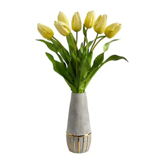 22" Yellow Dutch Tulip Arrangement in Gold Trim Stoneware Vase {1}