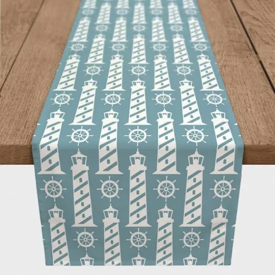 Light Houses Indoor/Outdoor Table Runner White On Light Blue {4}