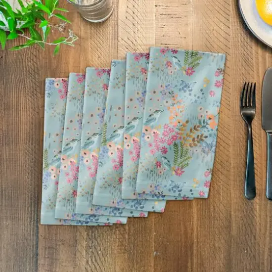 Butterfly Bird Floral Cotton Twill Napkin Blue {4}