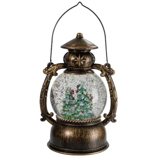 8" Black with Brushed Gold LED Snowman & Christmas Trees Snow Globe Lantern {4}