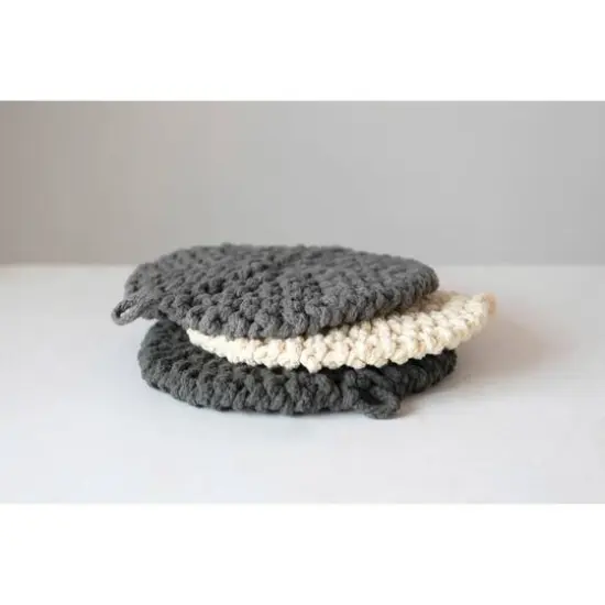 Hello Honey&reg; 8" Black, Gray & Cream Round Cotton Crocheted Pot Holder Set {5}