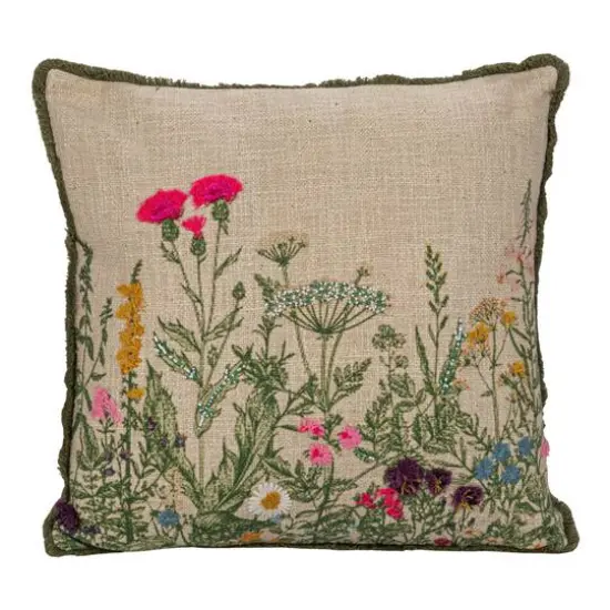 Hello Honey&reg; 18" Multicolor Flower Embroidery, Beads & Lace Trim Cotton Slub Pillow {8}