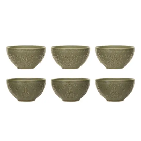 Hello Honey&reg; 5" Matte Green Reactive Glaze Debossed Tree & Snowflake Stoneware Bowls, 6ct. {1}