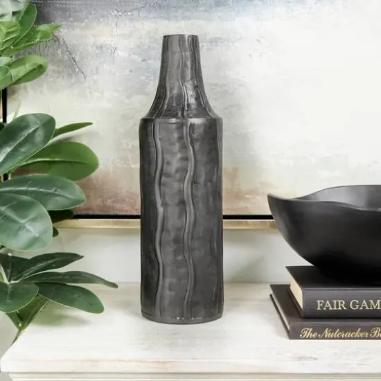 15" Black Metal Snakeskin Inspired Vase with Dimensional Wavy Accents {10}