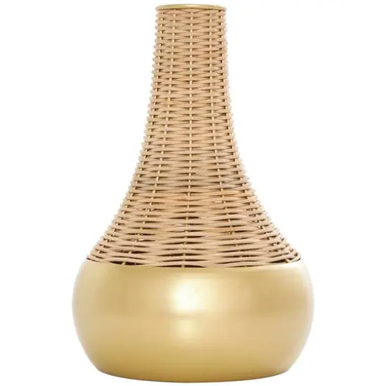 11" Brown & Gold Rattan Handmade Woven Vase {7}
