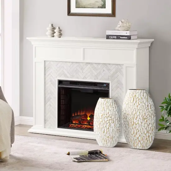 Glitzhome&reg; Gold & White Oval Textured Metal Floor Vases Set {8}