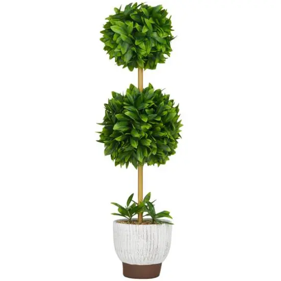 2ft. Green Boxwood Ball Topiary Faux Foliage with White Cement Pot {6}