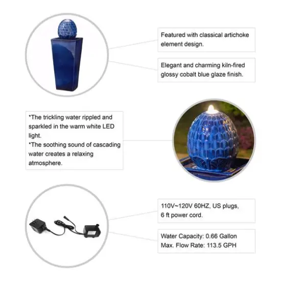 Glitzhome&reg; 36" LED Artichoke Pedestal Ceramic Fountain Cobalt Blue {8}