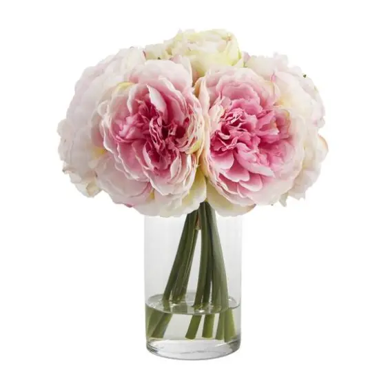 11" Pink Peony Bouquet in Glass Vase {1}