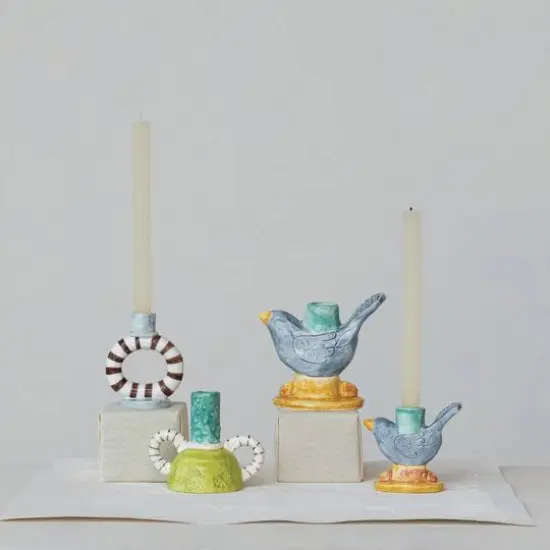 Hello Honey&reg; 6" Yellow & Blue Chirpy Elegance Stoneware Taper Candle Holder {6}