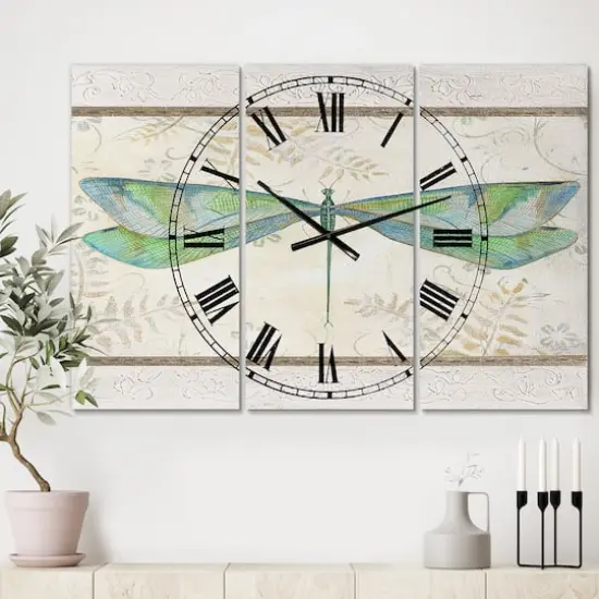 Designart Summer Dragonfly Oversized Cottage 3 panel Wall Clock {3}